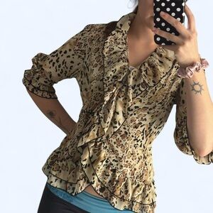 Agora Beige Leopard Ruffled V-Neck Blouse
